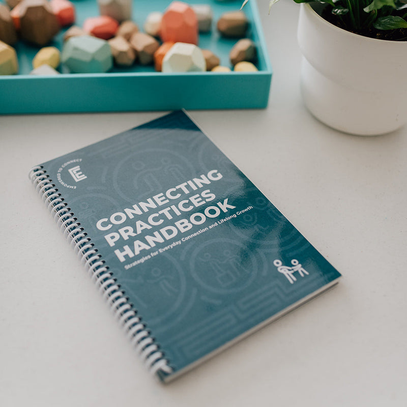Spiral-bound book titled 'Connecting Practices Handbook' on a white surface with a plant and colorful stones in the background.